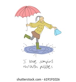 Spring mood vector sketch with girl with umbrella. Vector illustration