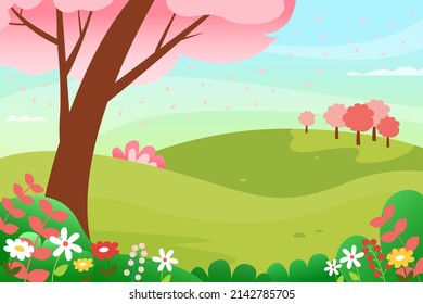 Spring morning landscape in bloom. Colorful vector illustration.