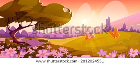 Spring morning meadow landscape with blooming flowers, forest hills, and flying butterflies, cartoon vector background. Mountains valley with daisies, orange sky, fluffy clouds and golden sunbeams