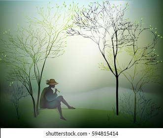 spring morning melody, boy playing trumpet on the spring forest hill, spring music, dreamer silhouette, vector
