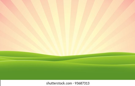 Spring Morning Sky/ Illustration of a morning sky on green meadows landscape background