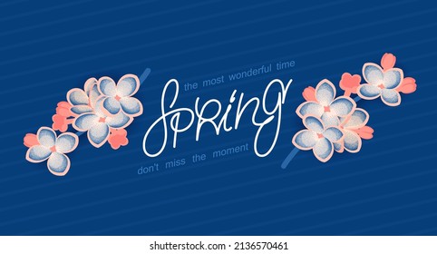 Spring is the most wonderful time. Don't miss the moment. Bouquet of lilac flowers in a retro style. Graphics with stipply effect. Vector poster template
