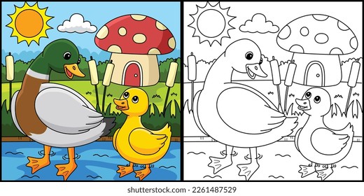 Spring Mother Duck and Duckling Illustration