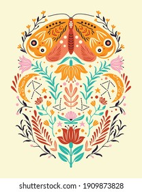 Spring motifs in folk art style. Colorful flat vector illustration with moth, flowers, floral elements and moon. 