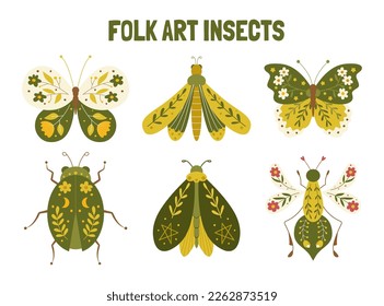 Motivos de primavera al estilo del arte folclórico. Vector de insectos de arte folclórico