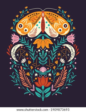 Spring motifs in folk art style. Colorful flat vector illustration with moth, flowers, floral elements and moon.  Stock fotó © 