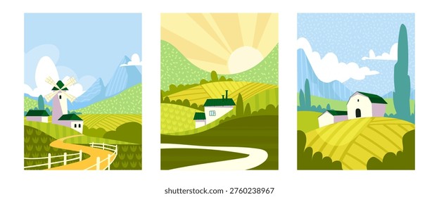 Spring mountain countryside landscapes, abstract vector posters. Rolling green hills or fields, windmill and barn under blue sky. Summer cards design with trees, sunrise and geometric pattern