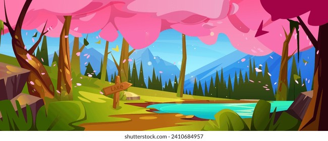 Spring mountain lake with sakura trees. Vector cartoon illustration of beautiful scenery with blue water, pink cherry blossom petals flying in air, green grass on hills, road sign indicating direction