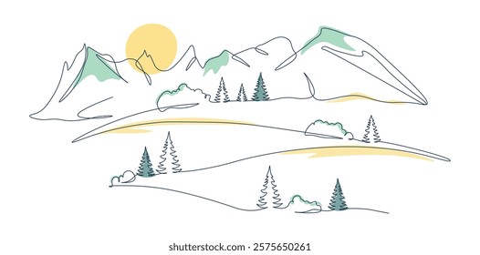 Spring mountain landscape with fir trees. Illustration in one continuous line with colored elements. Minimalistic hand drawing. Grass on peaks. Single line panoramic sketch. Vector on white background