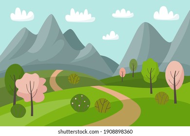 Spring mountain landscape with flowering trees. Cartoon panorama of spring nature, road and meadow.