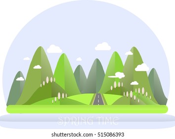 Spring mountain landscape. Green hills, blue sky, white clouds, pink trees, grey highway. Flat design, stock vector illustration