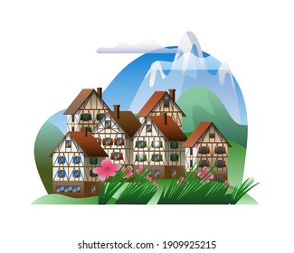 Spring mountain landscape with half-timbered houses. Vector illustration on the theme of the Bavarian Alps.