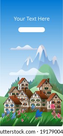Spring mountain landscape with half-timbered houses. Vector illustration on the theme of the Bavarian Alps. A template of vertical banner.