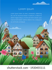 Paisaje montañoso de primavera con casas de entramado de madera. Ilustración vectorial sobre el tema de los Alpes bávaros. Una plantilla de banner vertical.