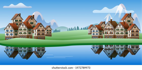 Spring mountain landscape with half-timbered houses. Vector illustration on the theme of the Bavarian Alps. Horizontal banner template.