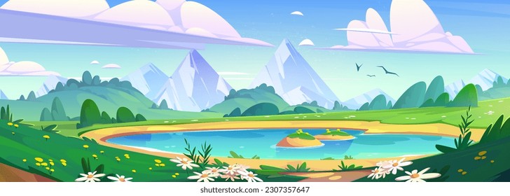 Spring mountain landscape with lake and colorful flowers. Vector cartoon illustration of majestic rocky peaks, green hills and valley, blue pond under sunny sky with clouds. Vacation banner design