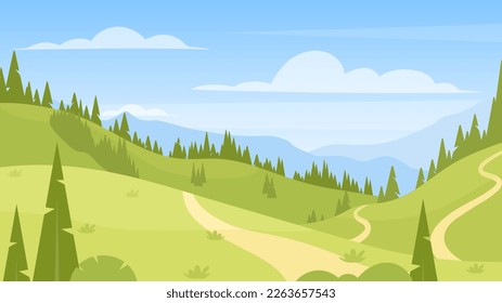 Frühlingsgebirgslandschaft. Vektorgrafik der Frühlings- oder Sommernatur mit grünen Hügeln, Wäldern, Bergen, Bäumen, Grasland Wiese. Aktivitäten im Freien. Aktives Wochenende. Horizontaler Hintergrund