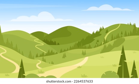 Paisaje montañoso de primavera. Ilustración vectorial de la naturaleza primaveral o veraniega con colinas verdes, bosques, montañas, árboles, prados de pastizales. Actividades al aire libre. Fin de semana activo. Fondo horizontal