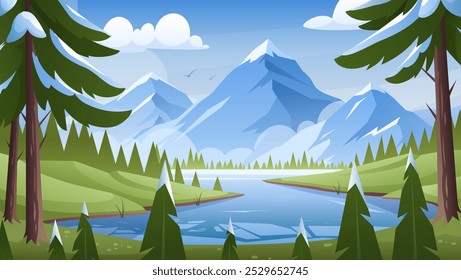 Spring mountain landscape. Vector illustration of early spring nature with beautiful lake, river, forest, trees, mountains with snow peak. Green hills and valley panorama. Holiday activity, hiking 
