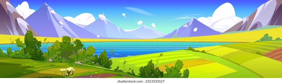 Spring mountain nature and green field vector landscape illustration. Summer hill cartoon scenery with lake, cloud and flower. Sunny rural village valley near river and pasture farmland backdrop.