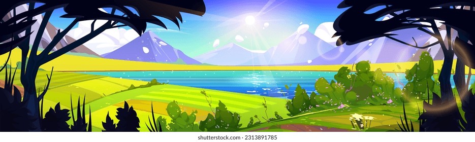 Naturaleza montañosa de primavera y paisaje vectorial de campo verde. Escenario de dibujos animados de las colinas de verano con lago, nube y flor. Sunny valle de pueblo rural cerca del río y de tierras de labranza.