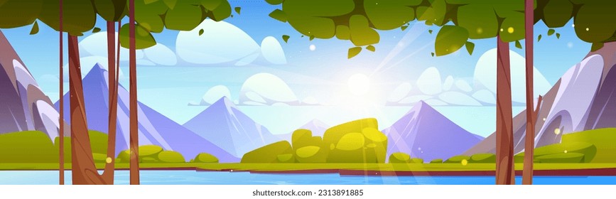 Spring mountain nature and green forest plants vector landscape illustration. Summer hill cartoon scenery with lake or pond, cloud and sun beam. Sunny valley near flowing river with tree and bush