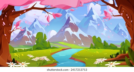 Spring mountain river landscape with old sakura trees. Vector cartoon illustration of beautiful scenery with blue water, pink cherry blossom petals, green grass on hills, glacier on peaks, cloudy sky