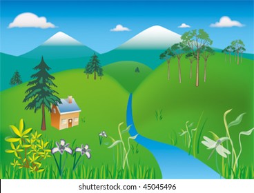 Spring mountain scenery with stream, green grass, trees, flowers and little house, vector illustration
