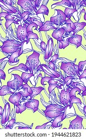 Spring multi color silhouettes of flowers, buds and leaves of lily flowers vector seamless pattern drawn by hand in freehand style. Home textile, wallpaper, fabric, bedding, package.