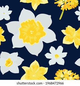 Spring narcissus seamless pattern. Beautiful colored vector endless background. For textile, invitations, decorations, design, wallpaper, greeting cards