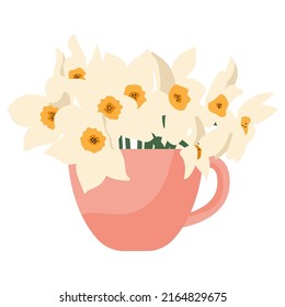 Spring narcissuses flowers in cup composition isolated on white background. Drawing design element for postcard, brochures, invitation template . Vector illustration