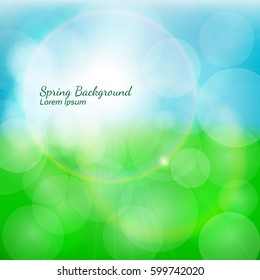 Spring natural background with bokeh effects. Grass, sky and sun. Vector illustration.