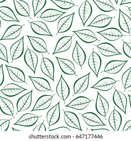 Spring natural background from contours of green leaves. Seamless decorative eco backdrop. Environmental pattern with floral leaves