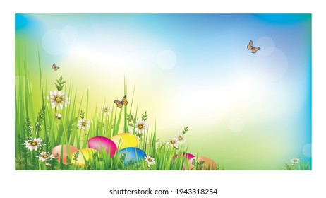Spring Natural Background With Easter Eggs, fresh green grass and little butterflies. 