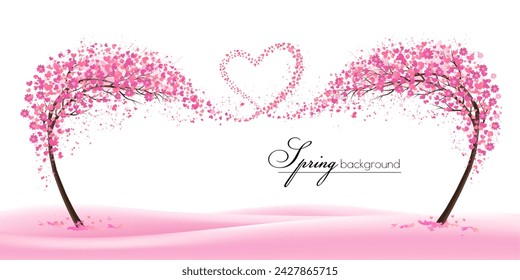 Spring Natural background with stylized trees representing the season - spring. Trees with spring flying flowers collected in the shape of a heart. Vector.