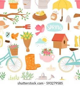 Spring natural floral symbols with blossom gardening tools seamless pattern background