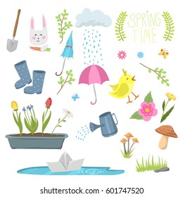 Spring natural floral symbols with blossom gardening tools beauty design and nature grass season branch springtime hand drawn elements vector illustration.