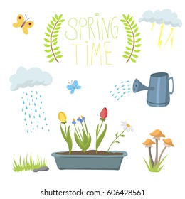 Spring natural floral symbols with blossom gardening tools beauty design and nature grass season branch springtime hand drawn elements vector illustration.