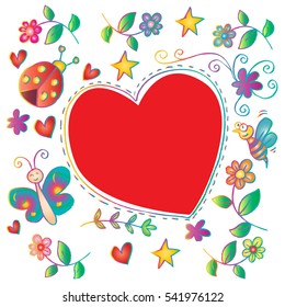 Spring natural greeting card, with cute butterfly, bee, ladybug.
