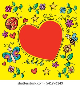 Spring natural greeting card, with cute butterfly, bee, ladybug.
