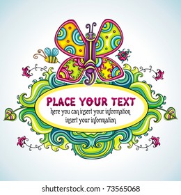 Spring natural greeting card, with cute butterfly, bumble bee, ladybug. with space for your text