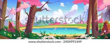 Spring natural landscape with lake surrounded by pink flowering sakura or cherry trees and mountains. Cartoon vector forest with floral woods and daisies, blue water in pond and rocky hills.