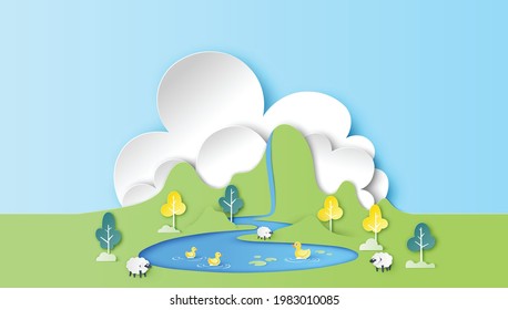 Spring natural scenery with yellow ducks swimming in the swamp and sheep on meadow. Spring meadow landscape. paper cut and craft style. vector, illustration.