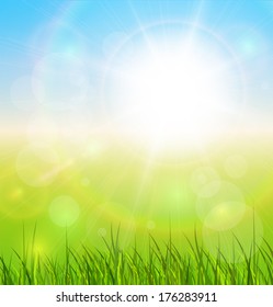 Fondo de sol natural primaveral con sol vectorial y hierba.