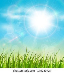 Spring natural sunny background with vector sun and grass.