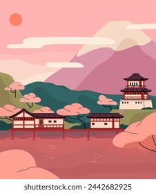 Spring nature in Asia: mountains, sakura tree blossom, tea plantations on hills. Old Japanese buildings, pagoda on lake shore. China countryside. Sunrise landscape in Japan. Flat vector illustration