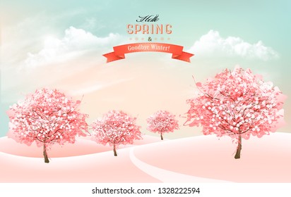 Fondo natural primaveral con cerezos en flor y cielo con nubes. Vector.