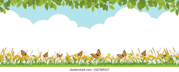 Frühlings-Naturhintergrund mit blauem Himmel, Cloud, Bie, Schutterfliegen auf Sonnenblumenfeld.Vektor Nahtloses Muster Sommergrünes Feld mit Wiese und Blume, Horizontale Grenze für Ostern,Frühling,Sommerbanner