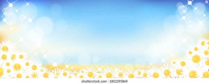 Spring nature background with cute daisy flowers with blurry shiny bokeh, Summer background with abstract sunlight bokeh effect. Tamplate banner for Easter, Spring and Summer ackground
