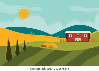 Spring nature background with farm,forest. Vector